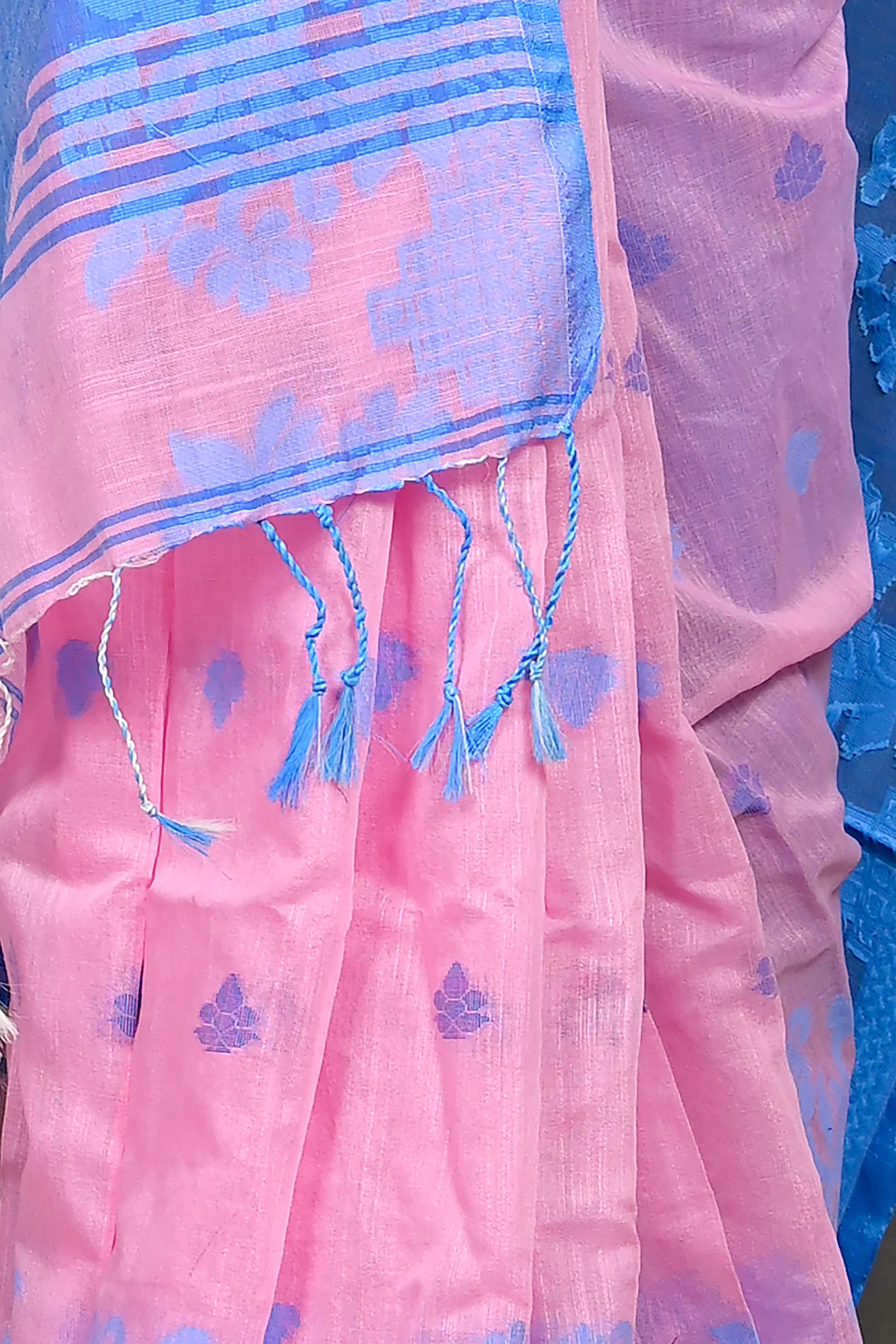 Pink Blue Cotton Blended Parup Hand Loom Saree (558)